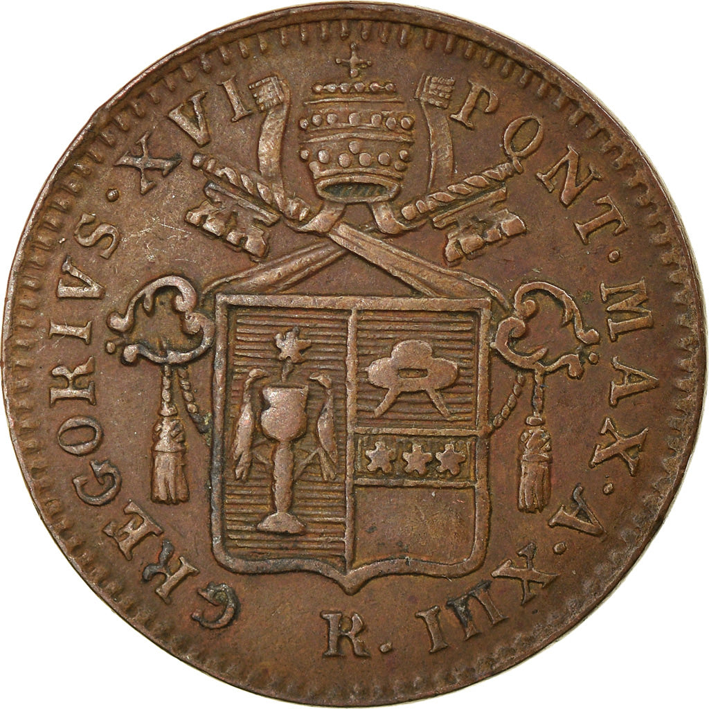 Coin, ITALIAN STATES, PAPAL STATES, Gregory XVI, Quattrino, 1843, Roma