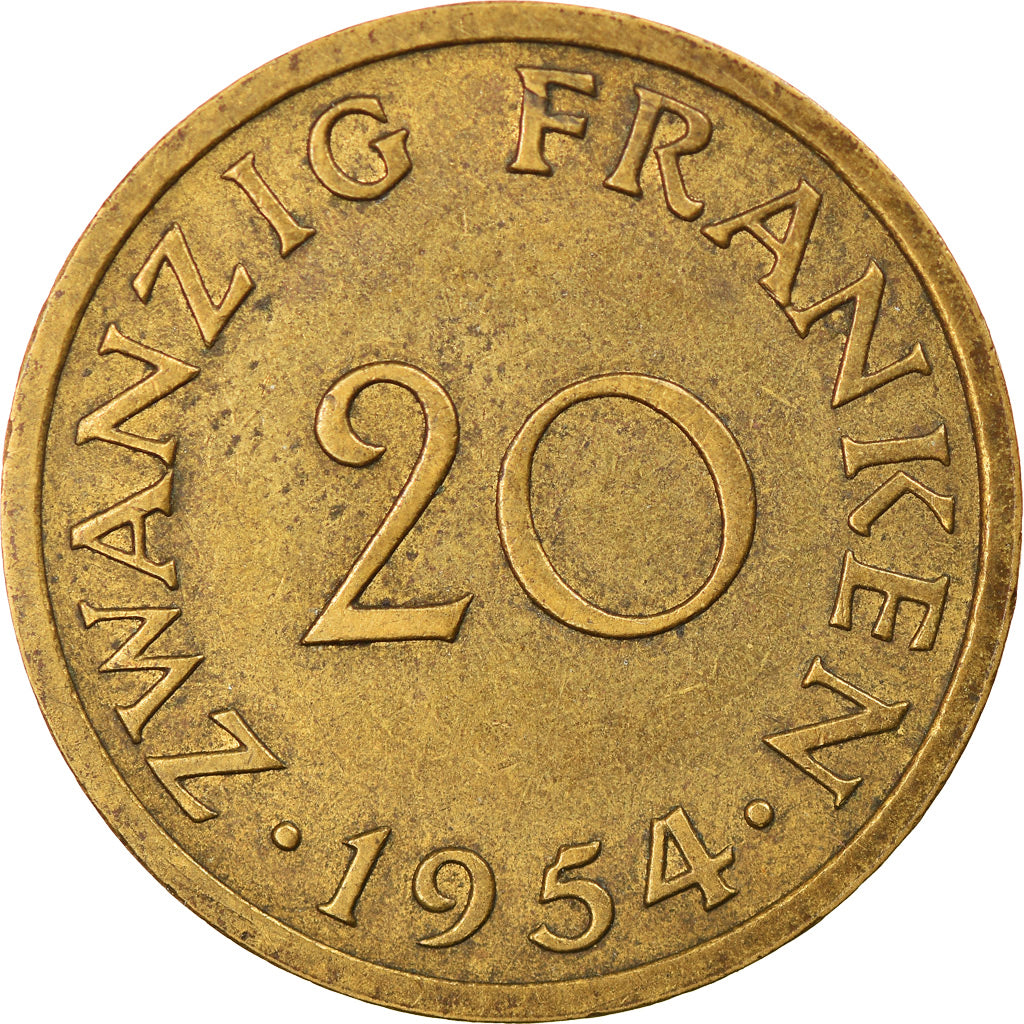 Coin, SAARLAND, 20 Franken, 1954, Paris, AU(50-53), Aluminum-Bronze, KM:2