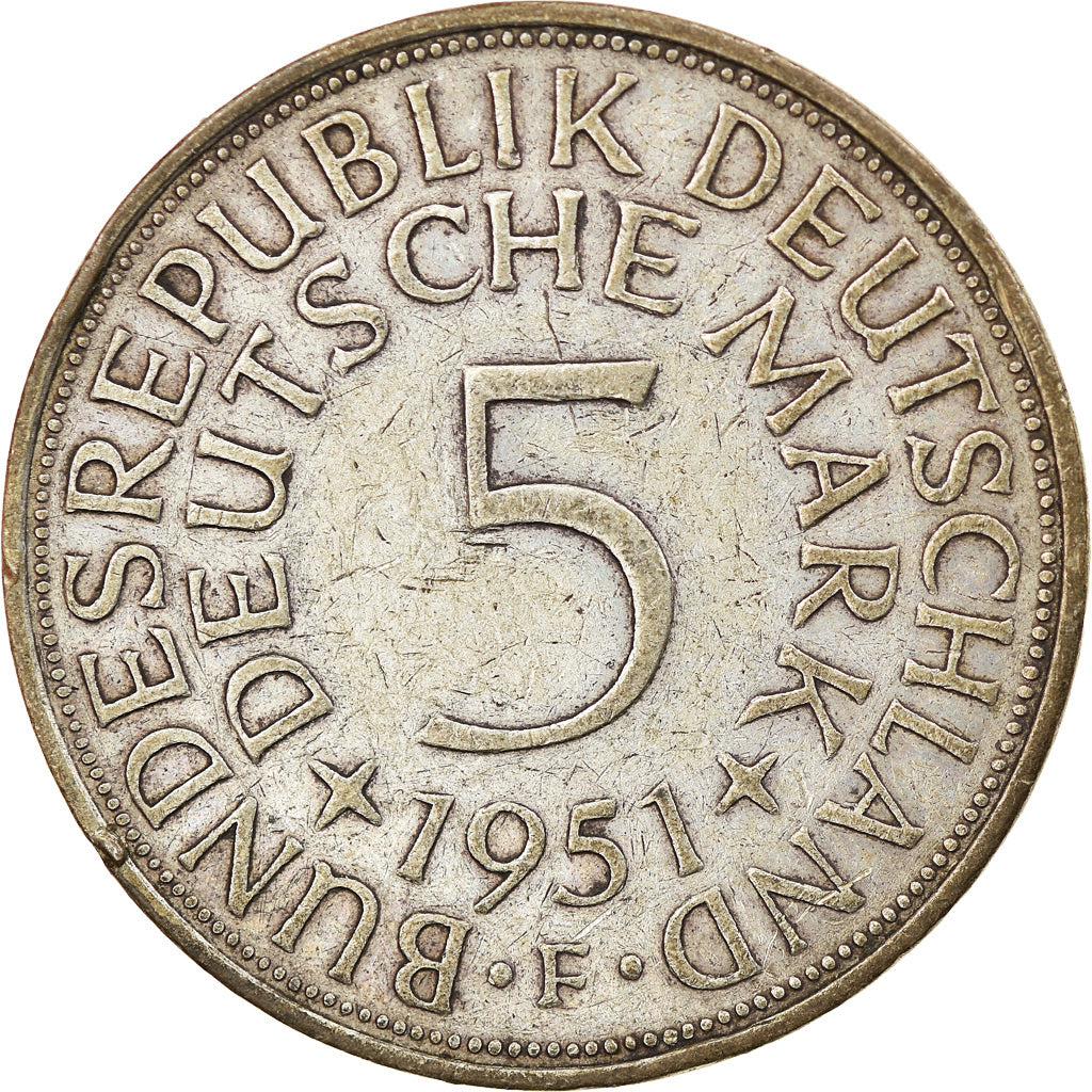 Coin, GERMANY - FEDERAL REPUBLIC, 5 Mark, 1951, Stuttgart, VF(30-35), Silver