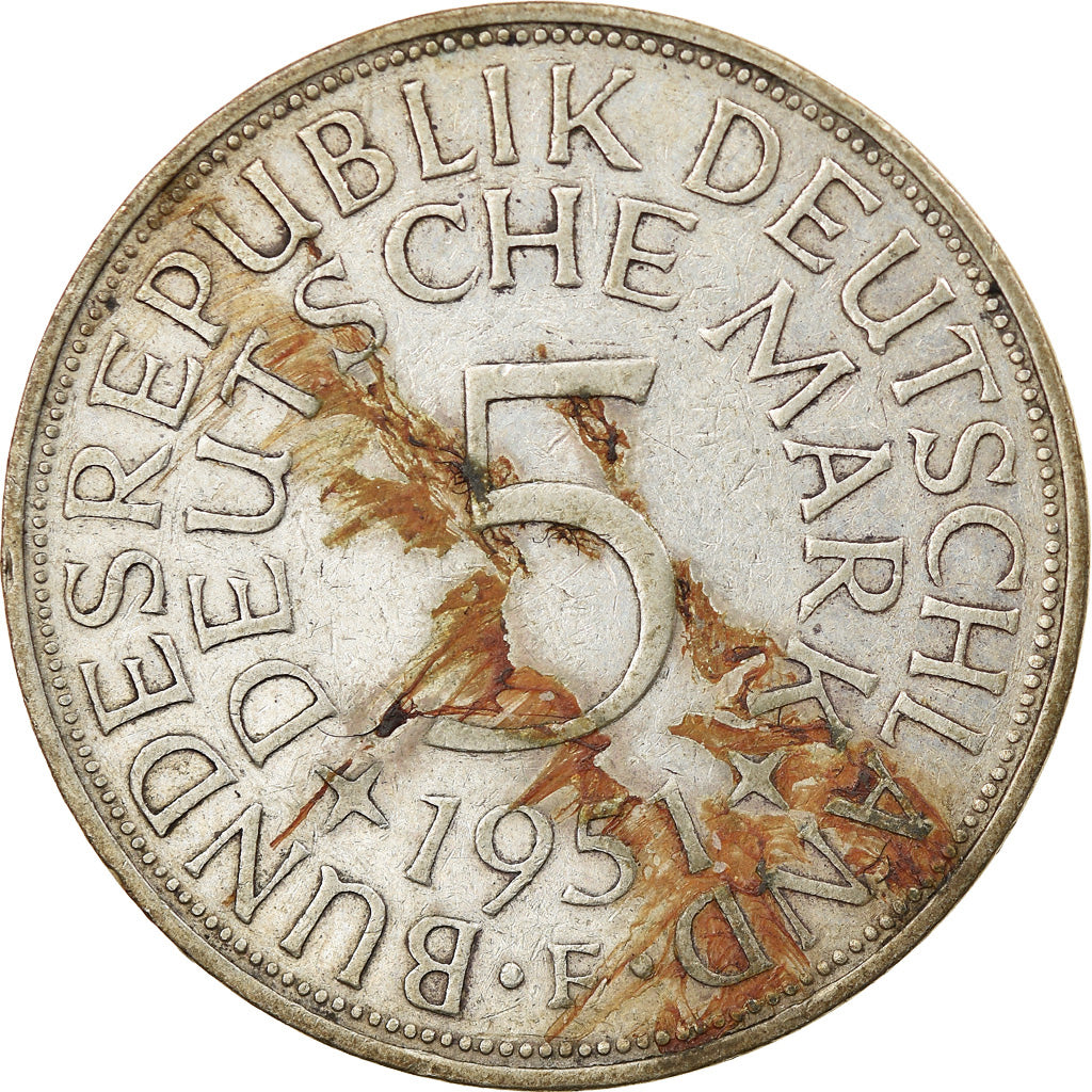 Coin, GERMANY - FEDERAL REPUBLIC, 5 Mark, 1951, Stuttgart, VF(30-35), Silver