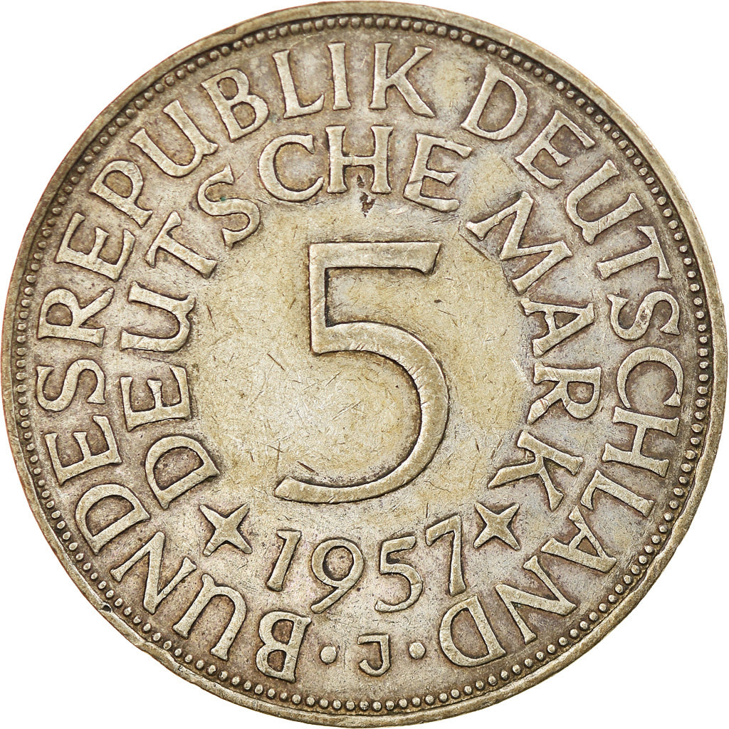 Coin, GERMANY - FEDERAL REPUBLIC, 5 Mark, 1957, Hambourg, EF(40-45), Silver