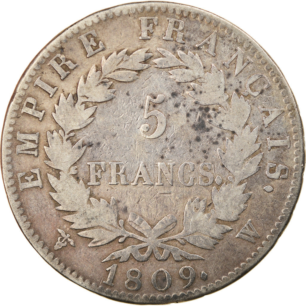Moneda, Francia, Napoléon I, 5 Francs, 1809, Lille, BC+, Plata, KM:694.16
