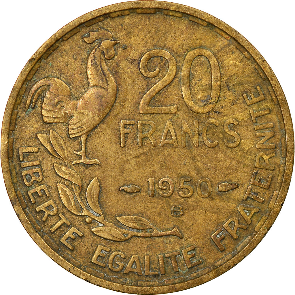 Munten, Frankrijk, Guiraud, 20 Francs, 1950, Beaumont - Le Roger, 3 faucilles /