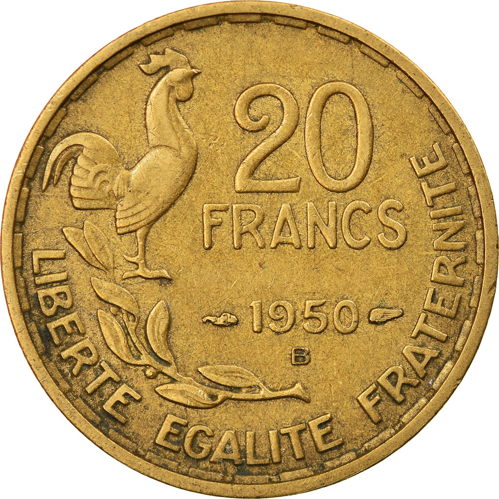 Munten, Frankrijk, Guiraud, 20 Francs, 1950, Beaumont - Le Roger, 3 faucilles /