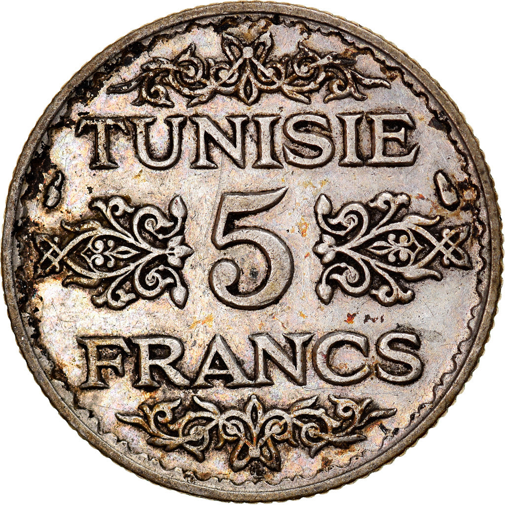 Moneta, Tunisia, Ahmad Pasha Bey, 5 Francs, 1936/AH1355, Paris, MB+, Argento