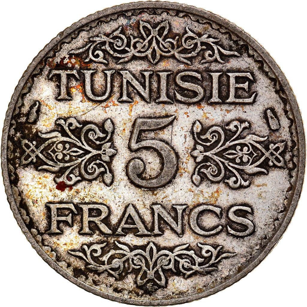 Coin, Tunisia, Ahmad Pasha Bey, 5 Francs, 1936/AH1355, Paris, VF(30-35), Silver