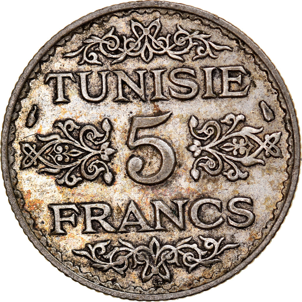 Coin, Tunisia, Ahmad Pasha Bey, 5 Francs, 1936/AH1355, Paris, EF(40-45), Silver