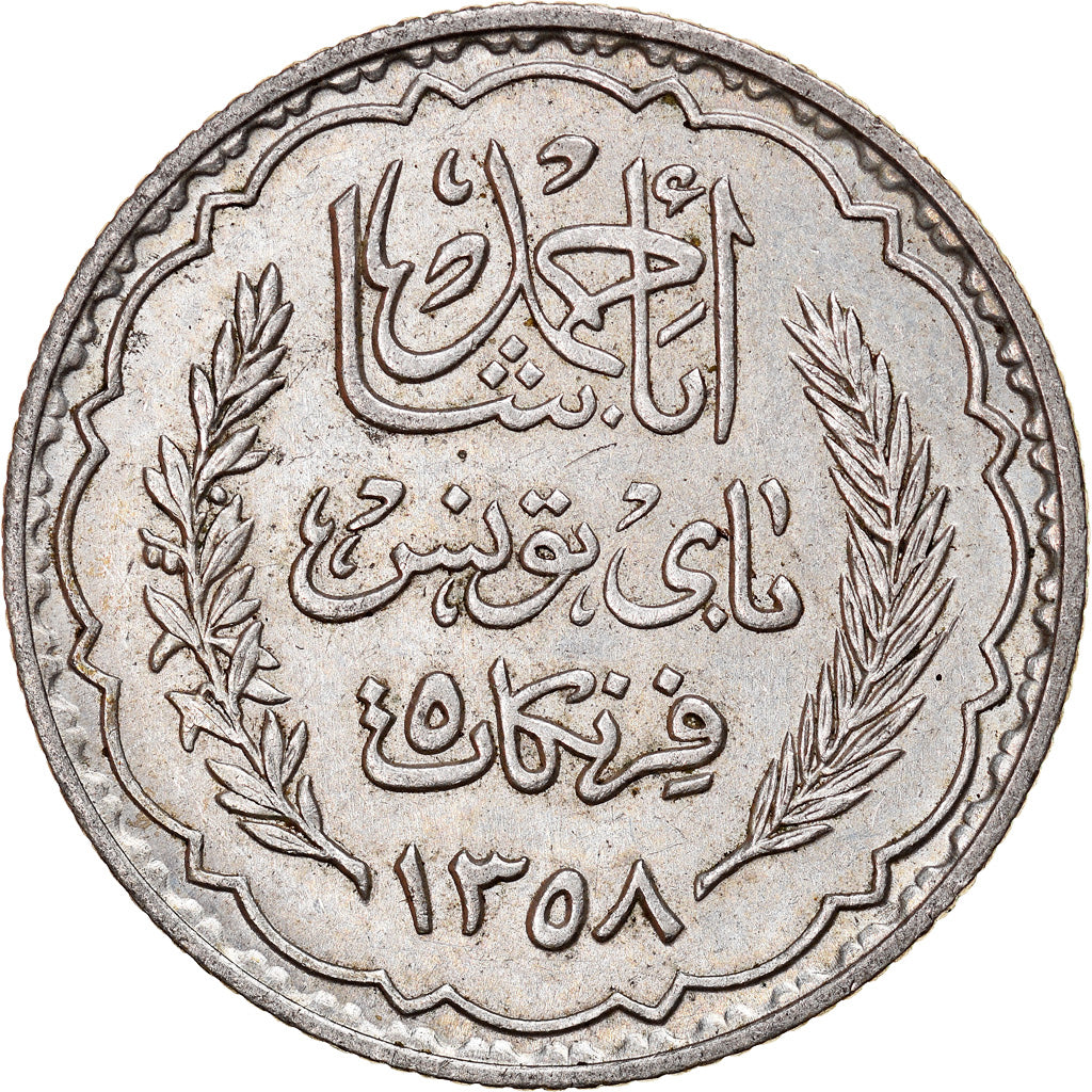 Moneta, Tunisia, Ahmad Pasha Bey, 5 Francs, 1939, Paris, AU(50-53), Srebro