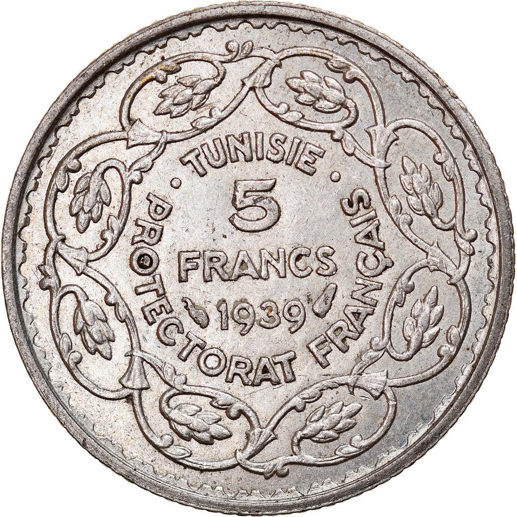 Moneta, Tunisia, Ahmad Pasha Bey, 5 Francs, 1939, Paris, AU(50-53), Srebro