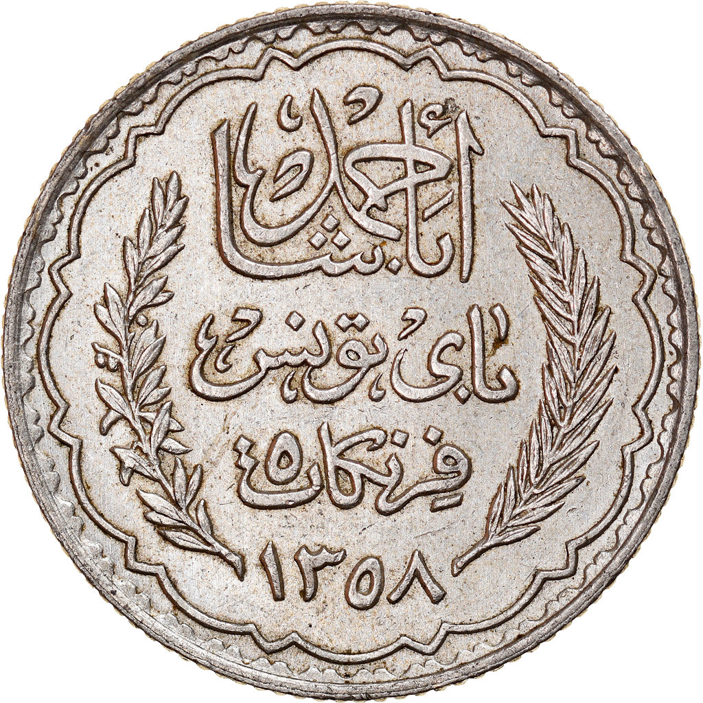 Moneta, Tunisia, Ahmad Pasha Bey, 5 Francs, 1939, Paris, AU(55-58), Srebro