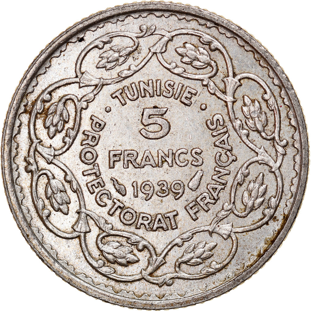 Moneta, Tunisia, Ahmad Pasha Bey, 5 Francs, 1939, Paris, AU(55-58), Srebro
