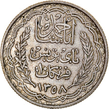 Moneda, Túnez, Ahmad Pasha Bey, 10 Francs, 1939, Paris, MBC, Plata, KM:265
