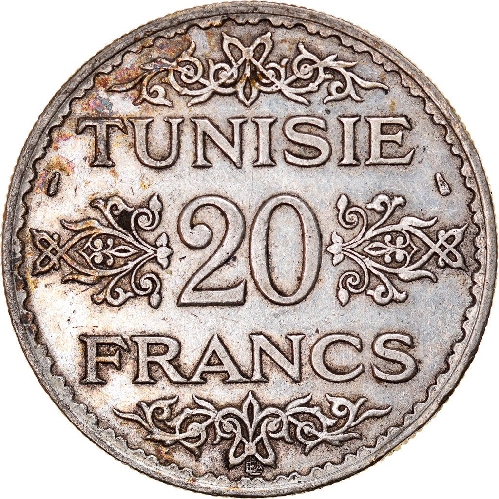 Moneda, Túnez, Ahmad Pasha Bey, 20 Francs, 1934, Paris, MBC, Plata, KM:263