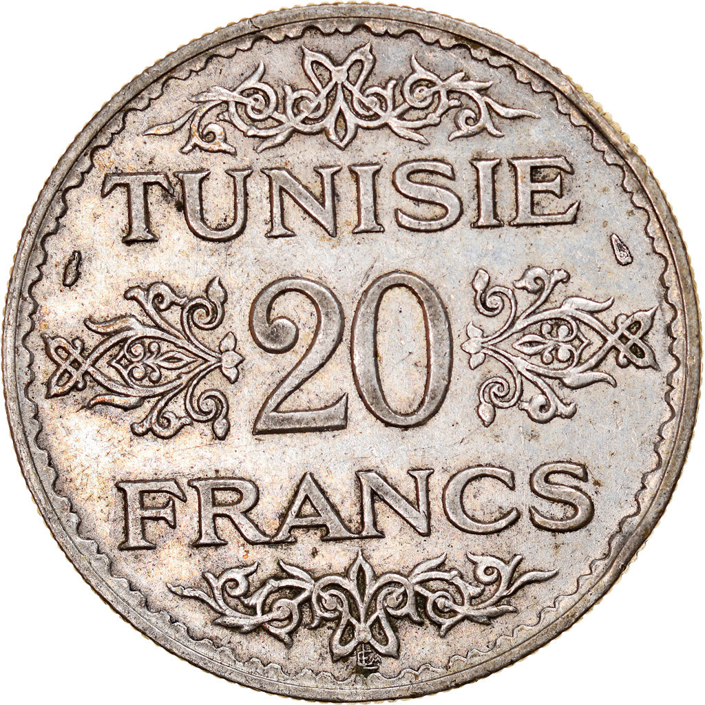 Coin, Tunisia, Ahmad Pasha Bey, 20 Francs, 1934, Paris, EF(40-45), Silver