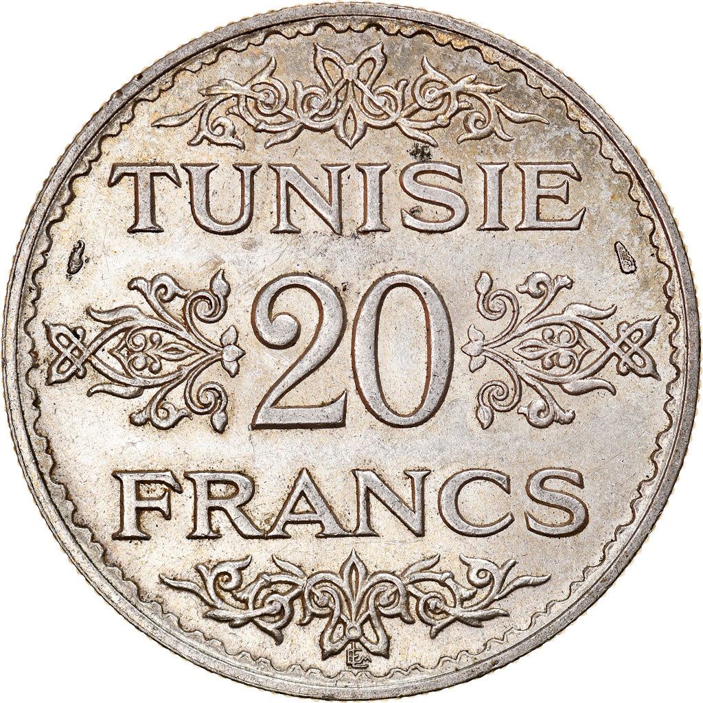 Coin, Tunisia, Ahmad Pasha Bey, 20 Francs, 1934, Paris, AU(55-58), Silver