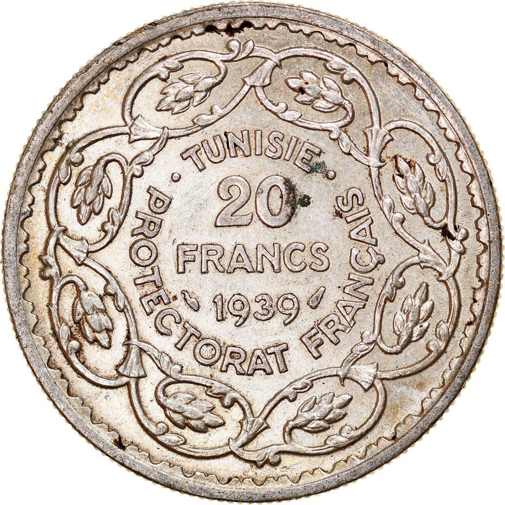 Coin, Tunisia, Ahmad Pasha Bey, 20 Francs, 1939, Paris, AU(55-58), Silver