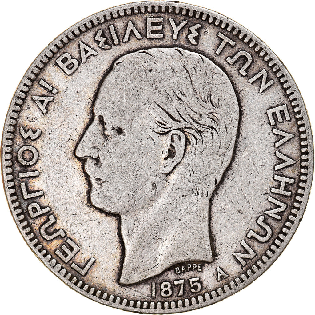 Coin, Greece, George I, 5 Drachmai, 1875, Paris, VF(30-35), Silver, KM:46