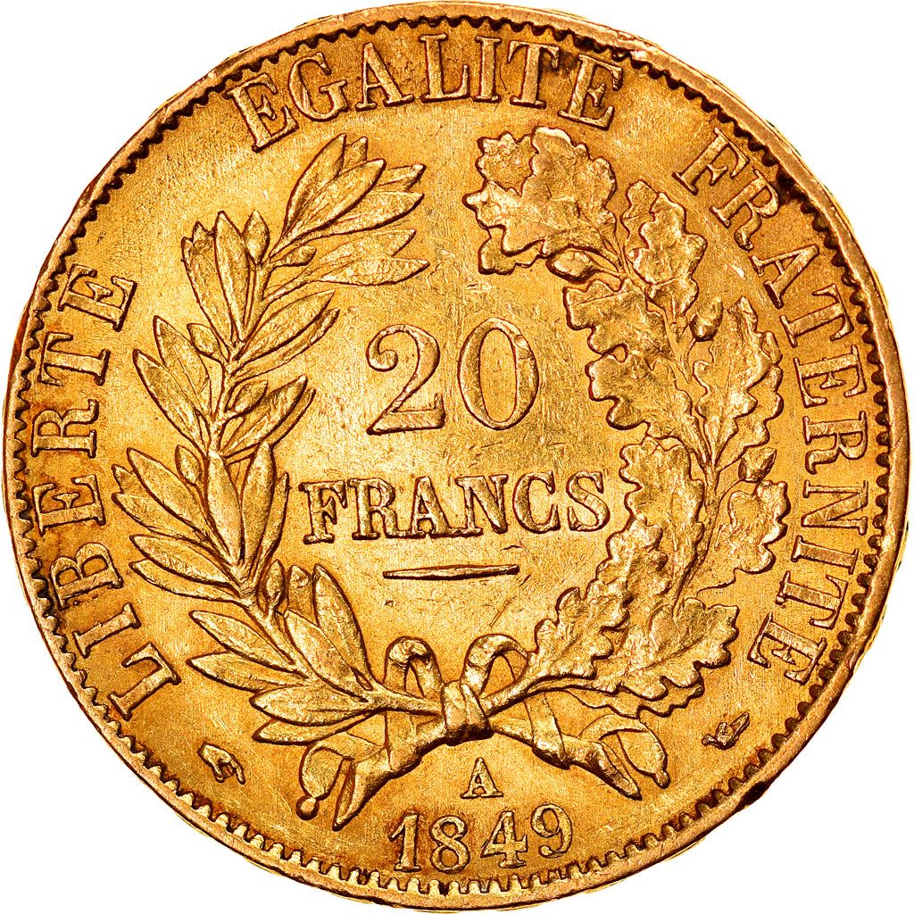 Moneta, Francia, Cérès, 20 Francs, 1849, Paris, Rare, BB+, Oro, KM:762