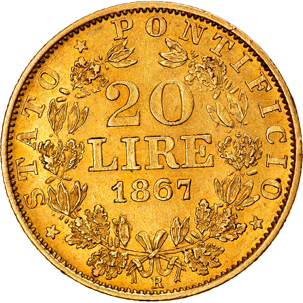 Moneda, Estados italianos, PAPAL STATES, Pius IX, 20 Lire, 1867, Roma, MBC, Oro