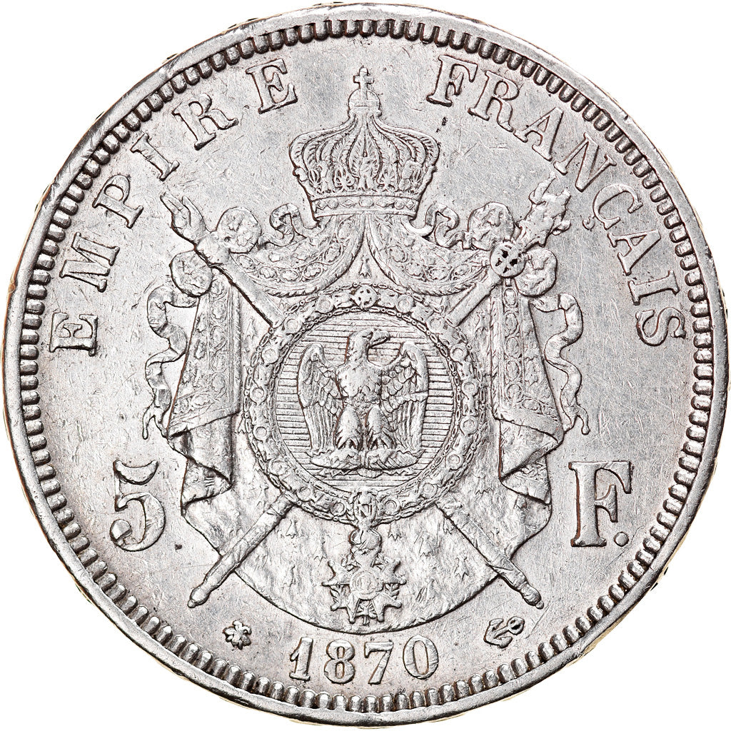 Moneda, Francia, Napoleon III, Napoléon III, 5 Francs, 1870, Paris, MBC, Plata
