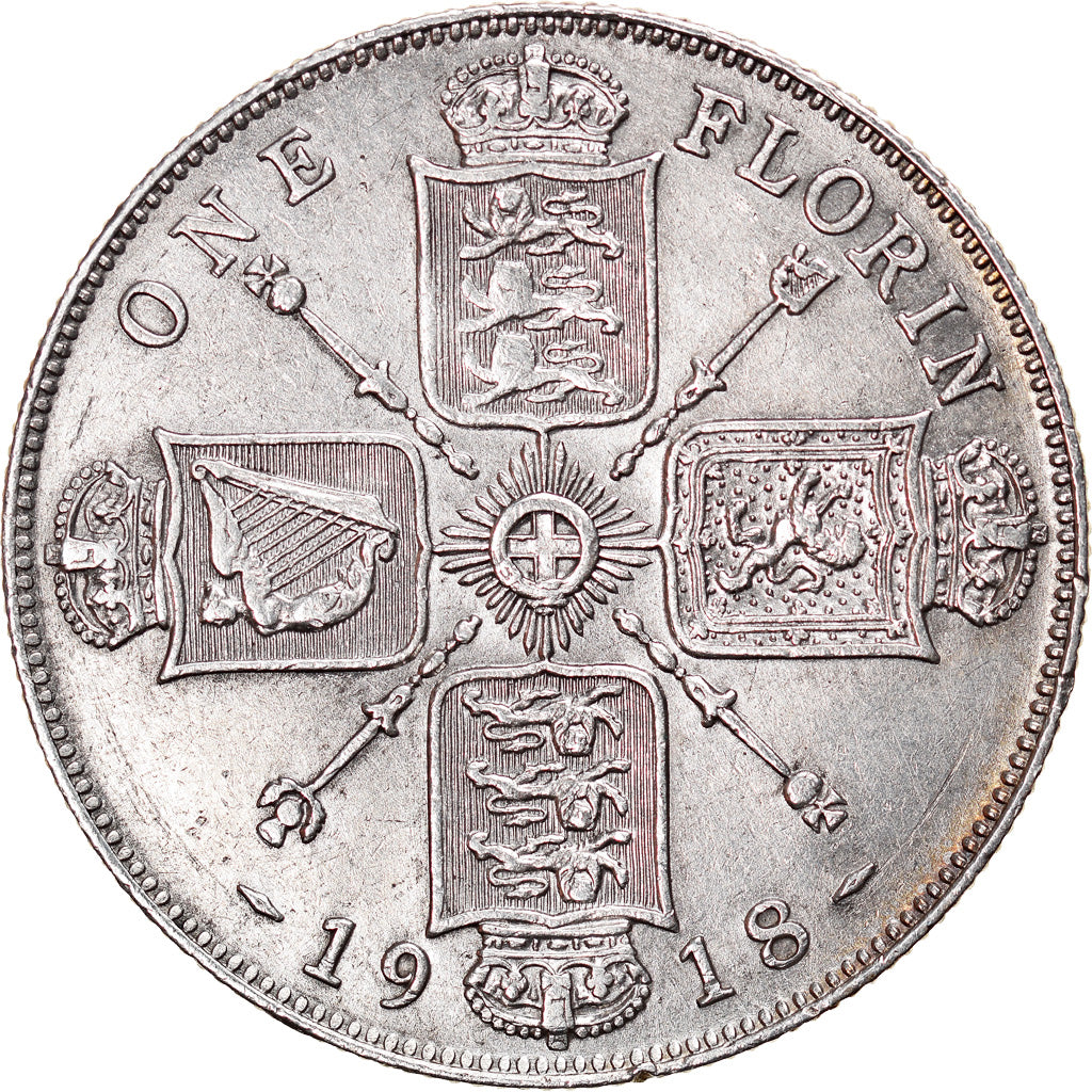 Coin, Great Britain, George V, Florin, Two Shillings, 1918, AU(50-53), Silver