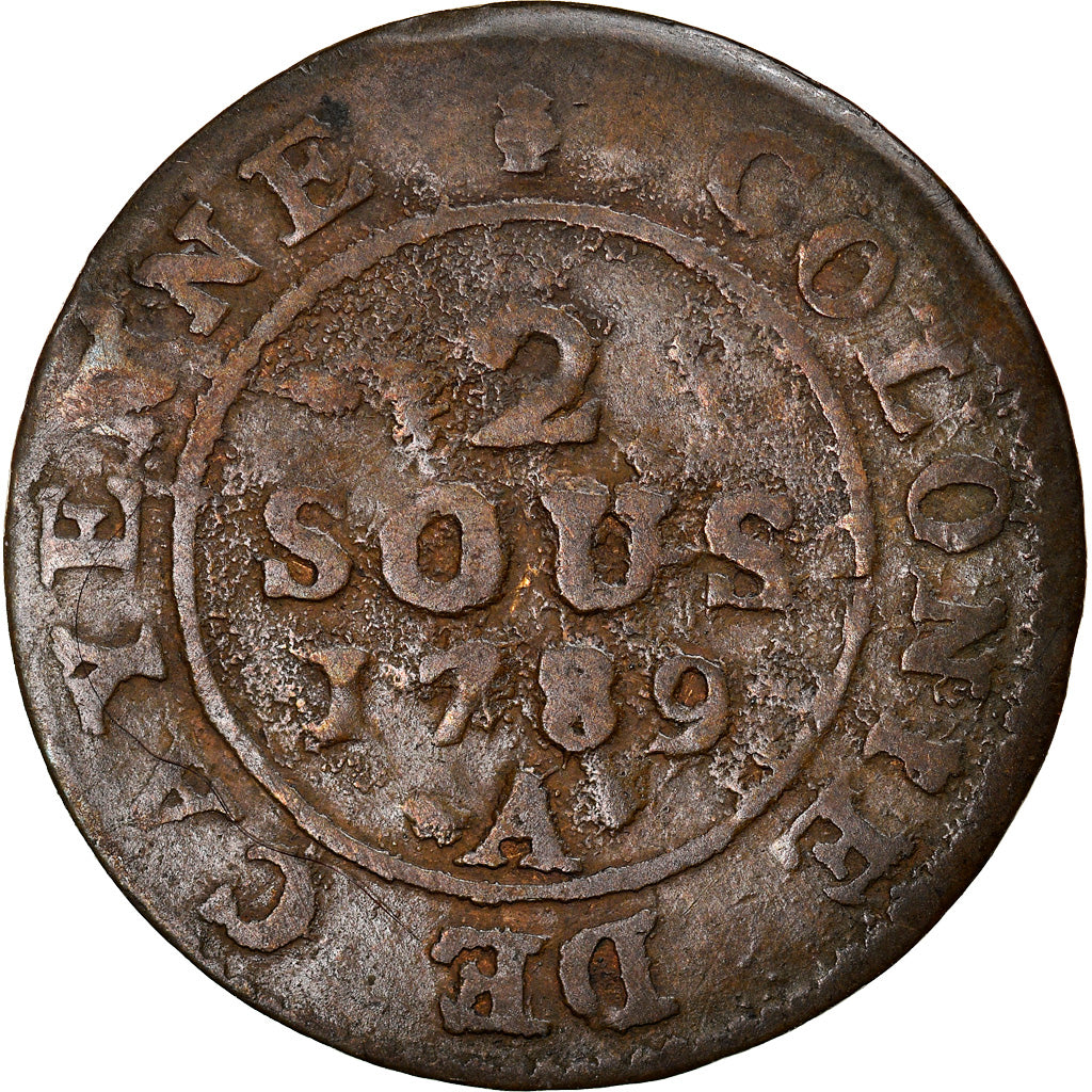 Moeda, GUIANA FRANCESA, 2 Sous, 1789, Paris, VF(30-35), Lingote, KM:1