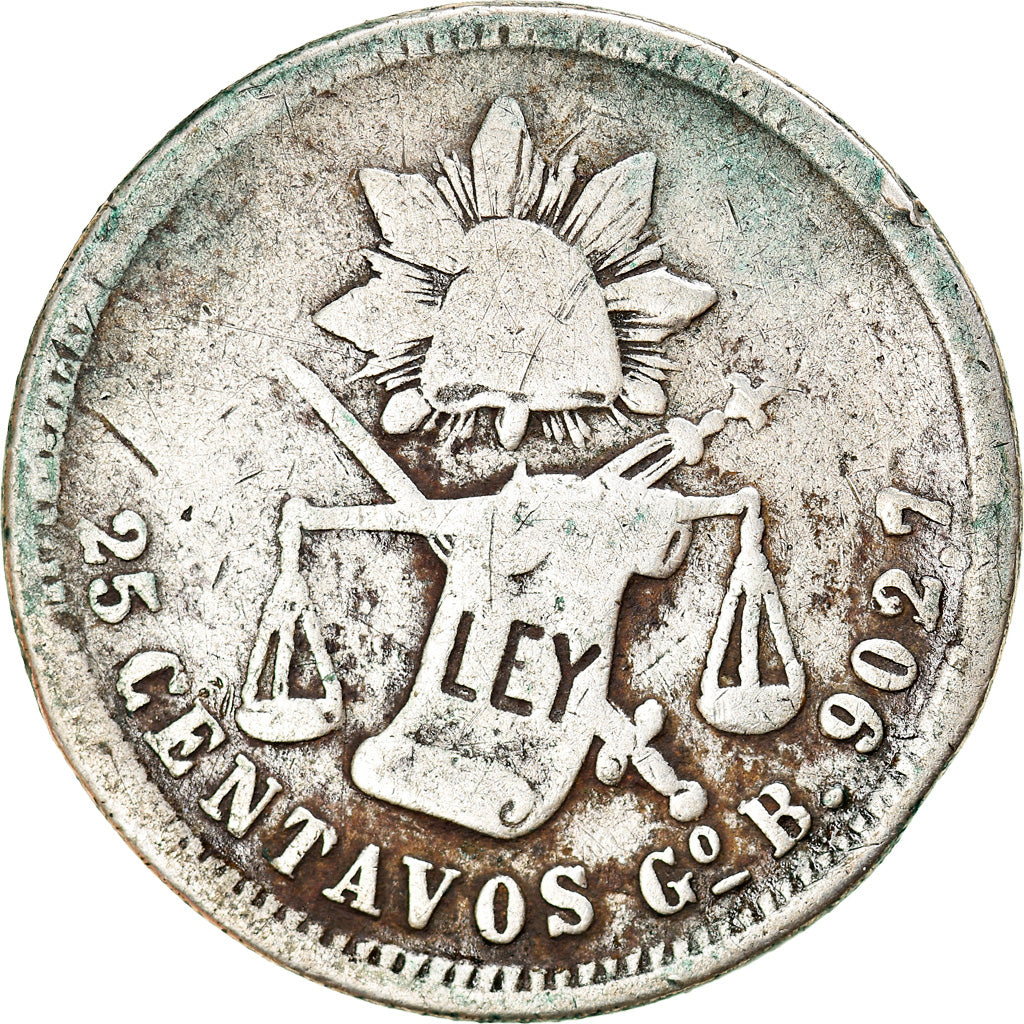 Moneda, México, 25 Centavos, 1884, Guadalajara, BC+, Plata, KM:406.4