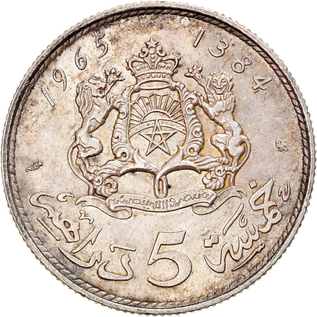 Coin, Morocco, al-Hassan II, 5 Dirhams, 1965, Paris, AU(50-53), Silver, KM:57