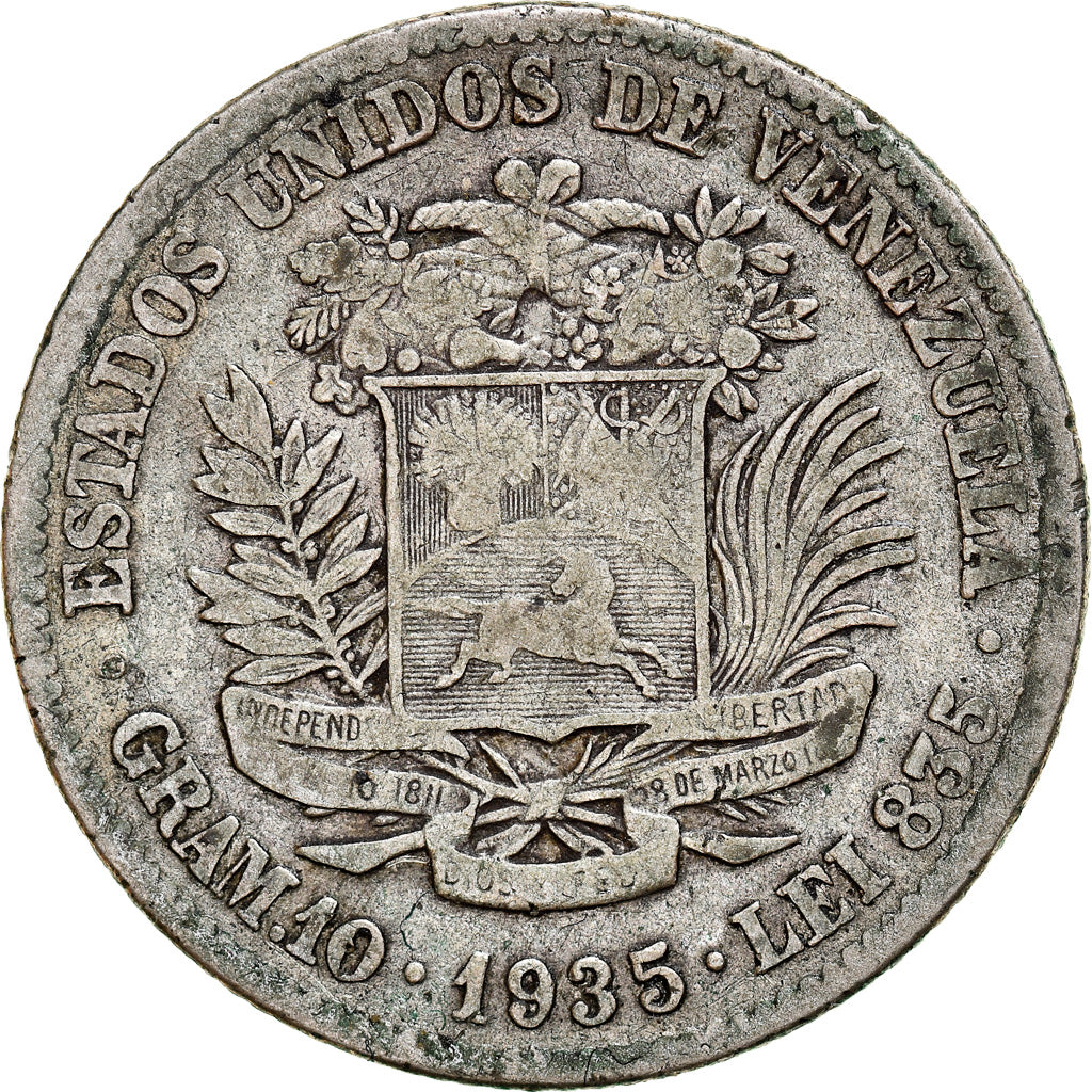 Munten, Venezuela, Gram 10, 2 Bolivares, 1935, FR+, Zilver, KM:23
