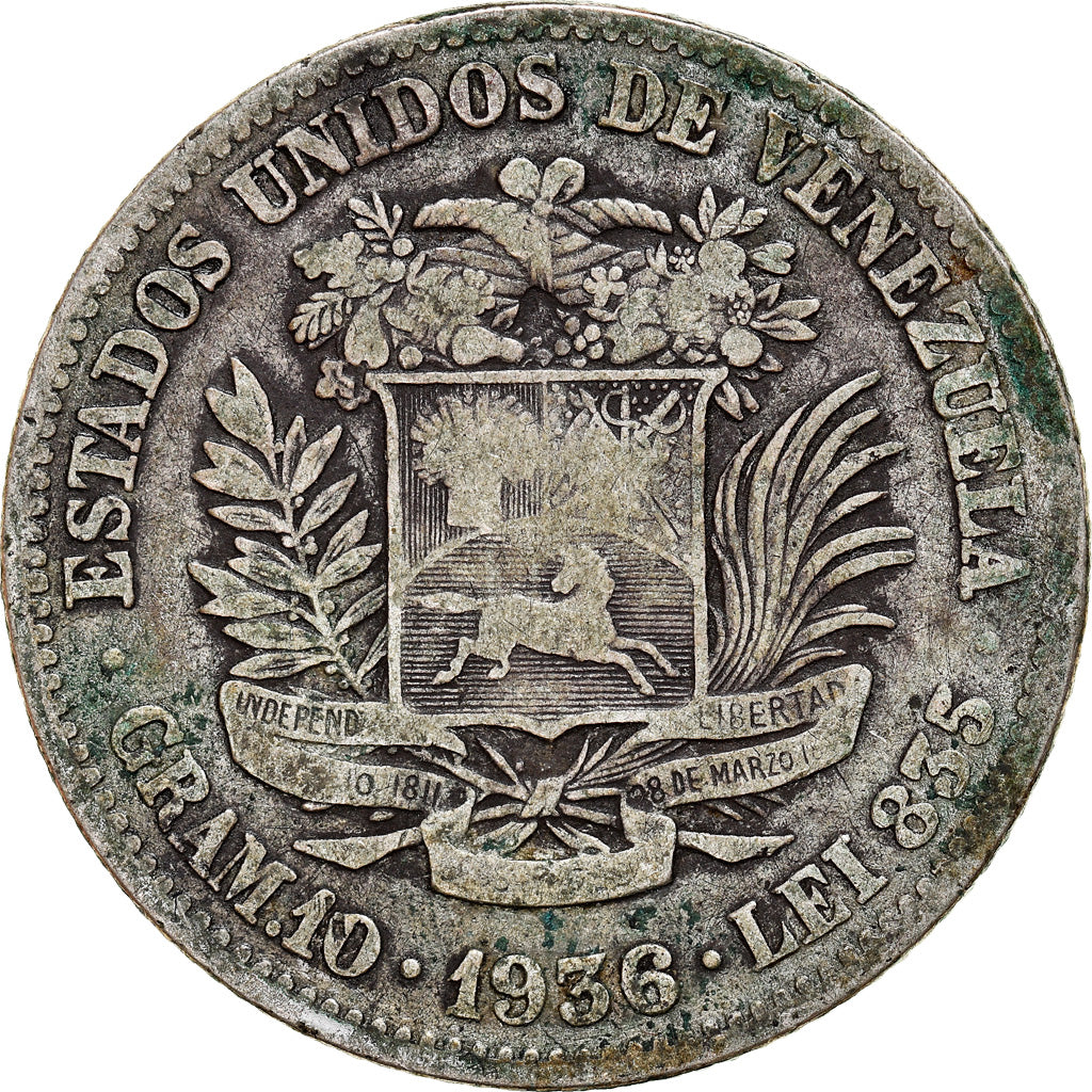 Monnaie, Venezuela, Gram 10, 2 Bolivares, 1936, TB+, Argent, KM:23