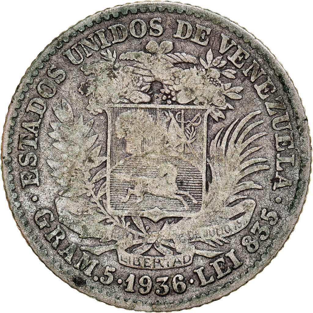 Coin, Venezuela, Gram 5, Bolivar, 1936, VF(30-35), Silver, KM:22