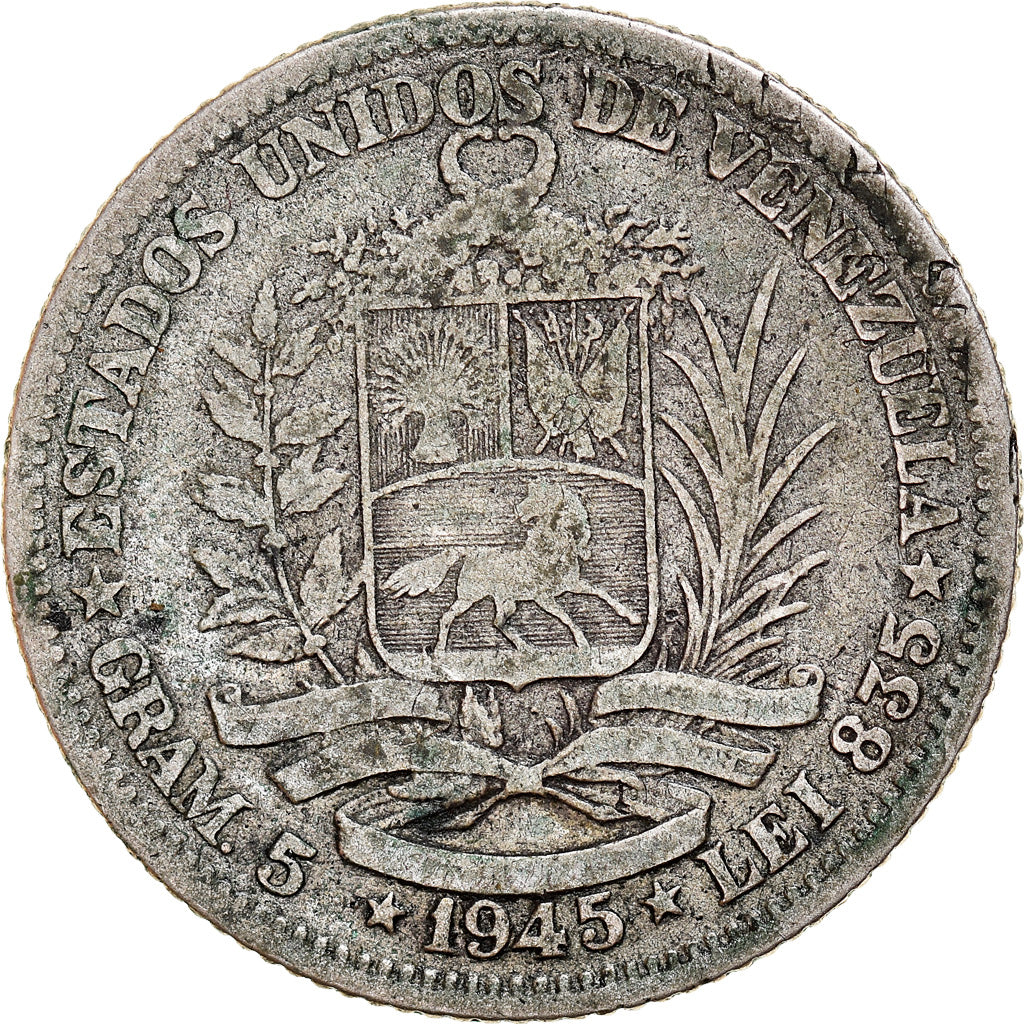 Moneda, Venezuela, Gram 5, Bolivar, 1945, Philadelphia, BC+, Plata, KM:22a