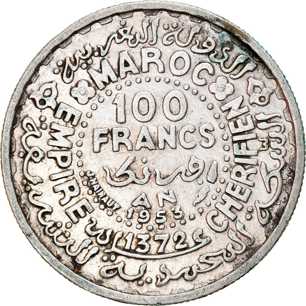 Coin, Morocco, Mohammed V, 100 Francs, 1953, Paris, EF(40-45), Silver, KM:52