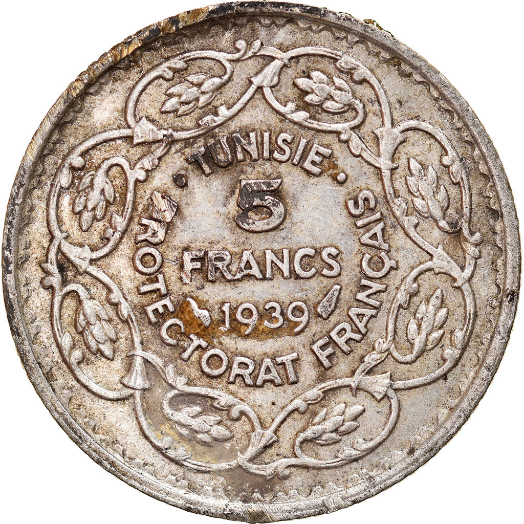 Monnaie, Tunisie, Ahmad Pasha Bey, 5 Francs, 1939, Paris, TB, Argent, KM:264