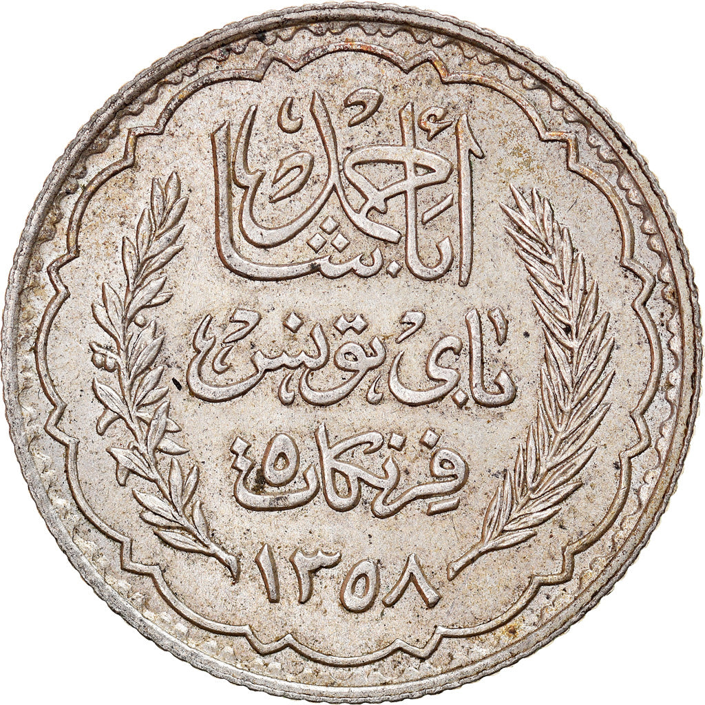 Coin, Tunisia, Ahmad Pasha Bey, 5 Francs, 1939, Paris, EF(40-45), Silver, KM:264