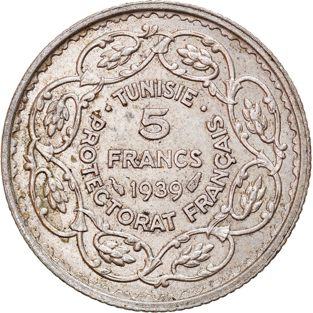 Coin, Tunisia, Ahmad Pasha Bey, 5 Francs, 1939, Paris, EF(40-45), Silver, KM:264