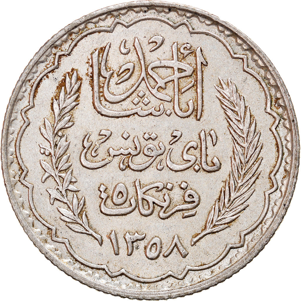Moneta, Tunisia, Ahmad Pasha Bey, 5 Francs, 1939, Paris, BB, Argento, KM:264