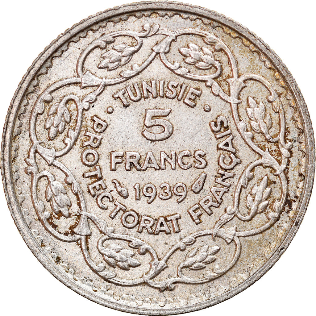 Moneta, Tunisia, Ahmad Pasha Bey, 5 Francs, 1939, Paris, BB, Argento, KM:264