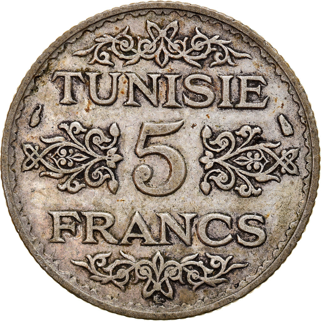 Moneta, Tunisia, Ahmad Pasha Bey, 5 Francs, AH 1353/1934, Paris, BB, Argento