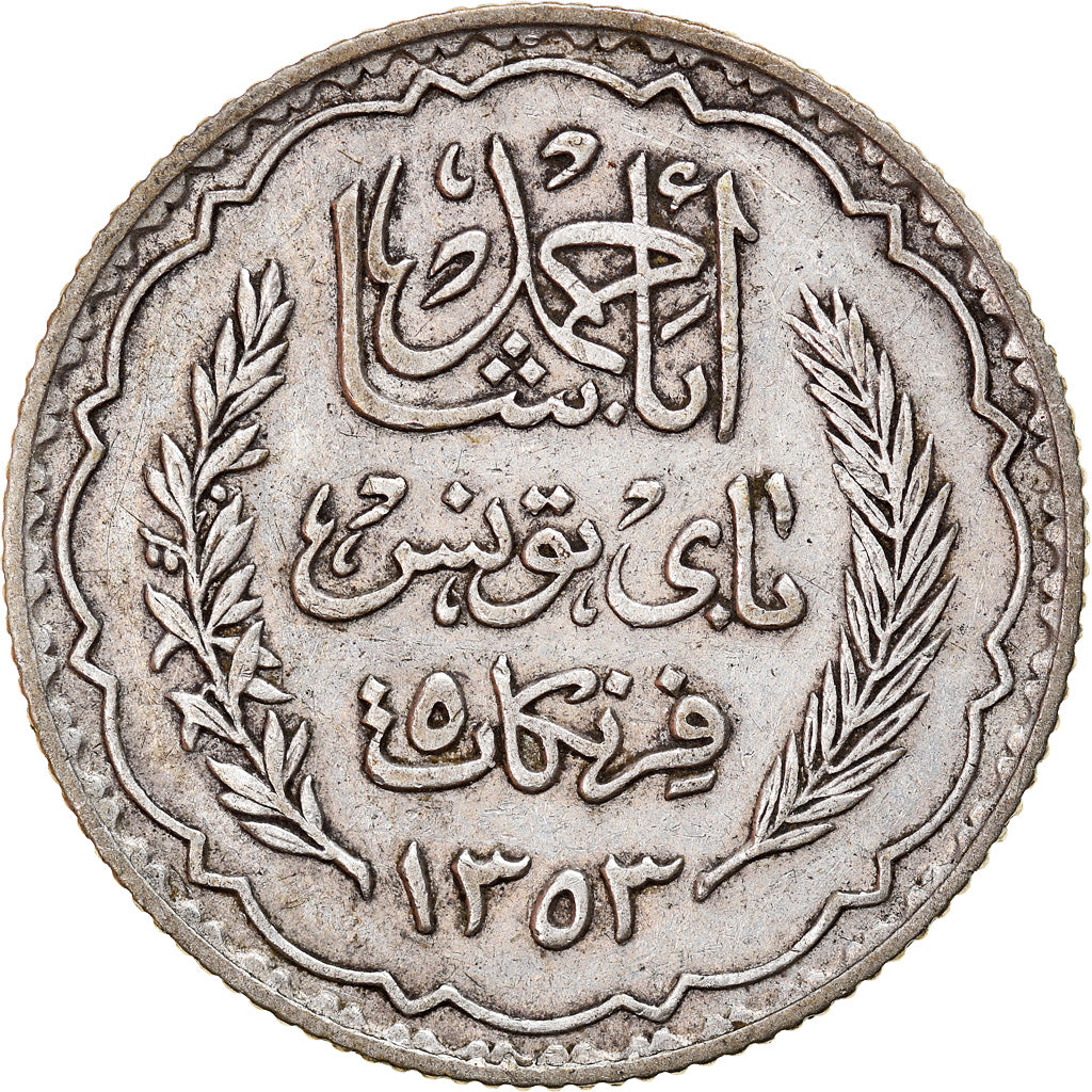 Munten, Tunisië, Ahmad Pasha Bey, 5 Francs, AH 1353/1934, Paris, ZF, Zilver