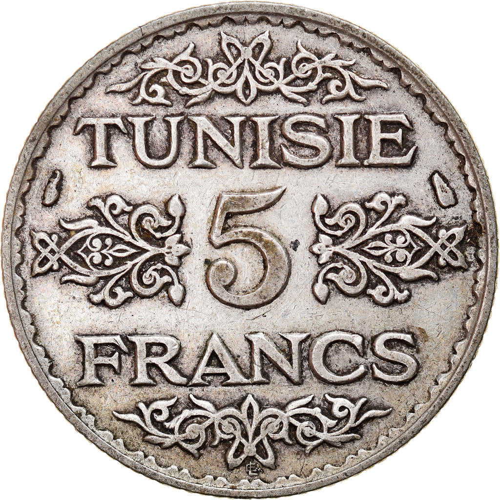 Coin, Tunisia, Ahmad Pasha Bey, 5 Francs, 1936/AH1355, Paris, EF(40-45), Silver