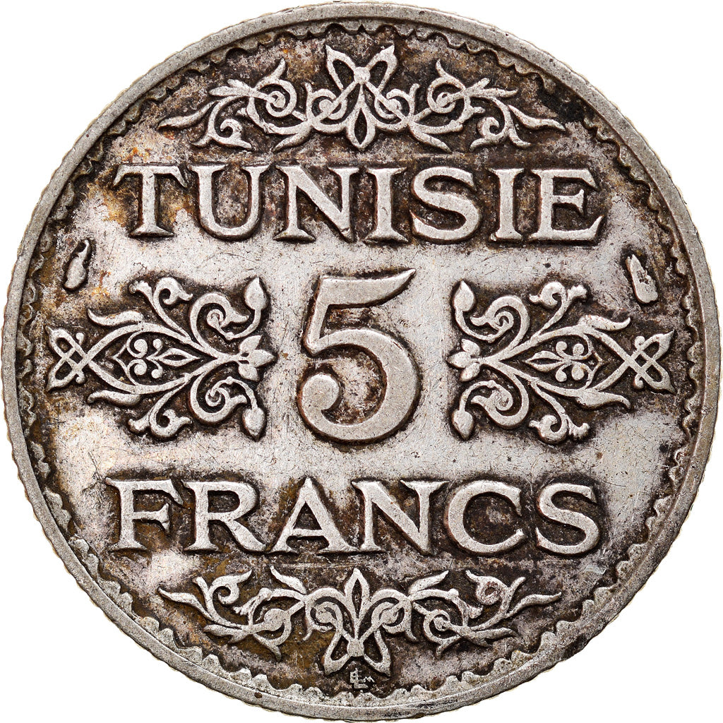Coin, Tunisia, Ahmad Pasha Bey, 5 Francs, 1936/AH1355, Paris, EF(40-45), Silver