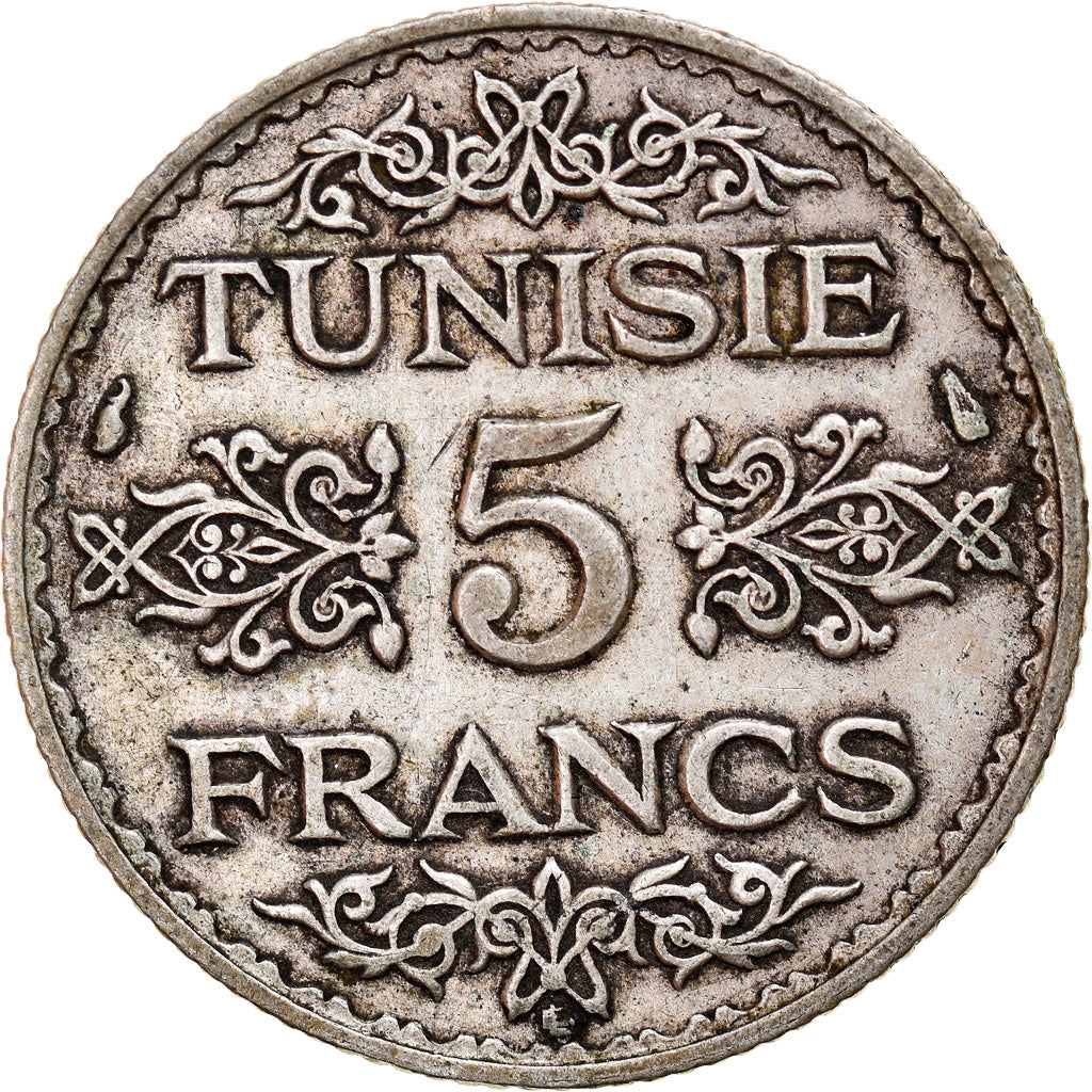 Coin, Tunisia, Ahmad Pasha Bey, 5 Francs, 1936/AH1355, Paris, EF(40-45), Silver