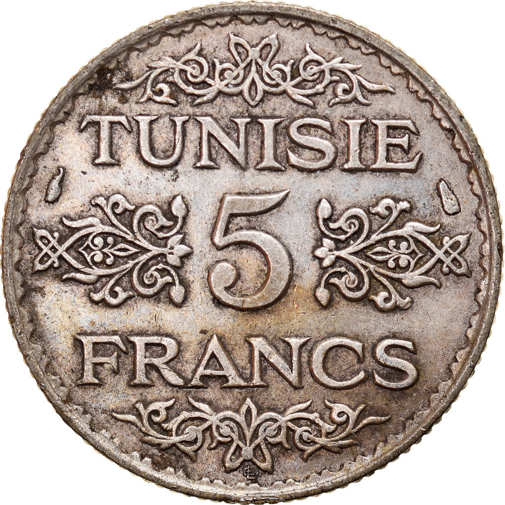 Moneda, Túnez, Ahmad Pasha Bey, 5 Francs, 1936/AH1355, Paris, MBC, Plata