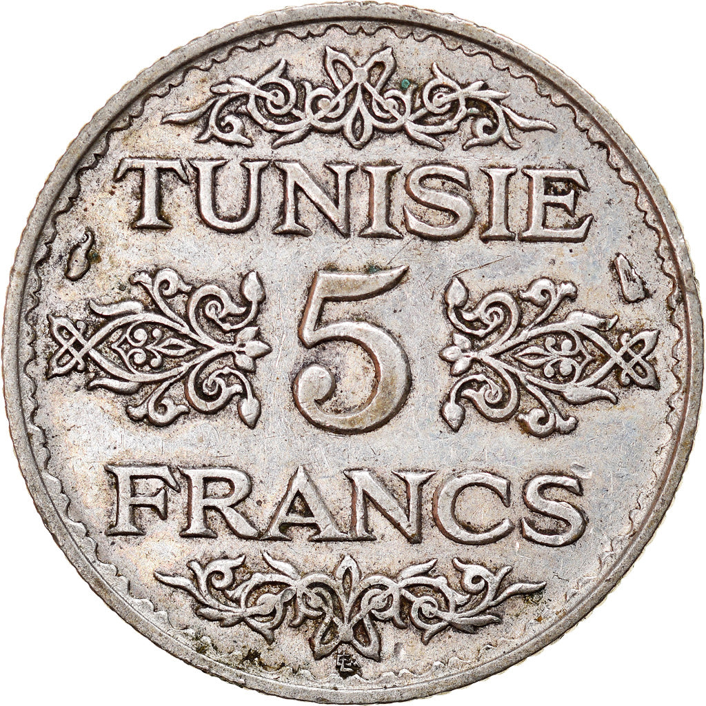 Moneta, Tunisia, Ahmad Pasha Bey, 5 Francs, 1936/AH1355, Paris, AU(50-53)