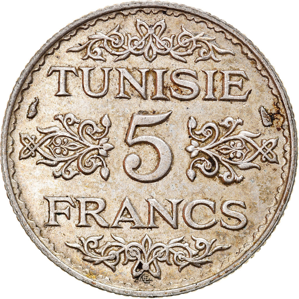 Moneta, Tunisia, Ahmad Pasha Bey, 5 Francs, 1936/AH1355, Paris, BB+, Argento