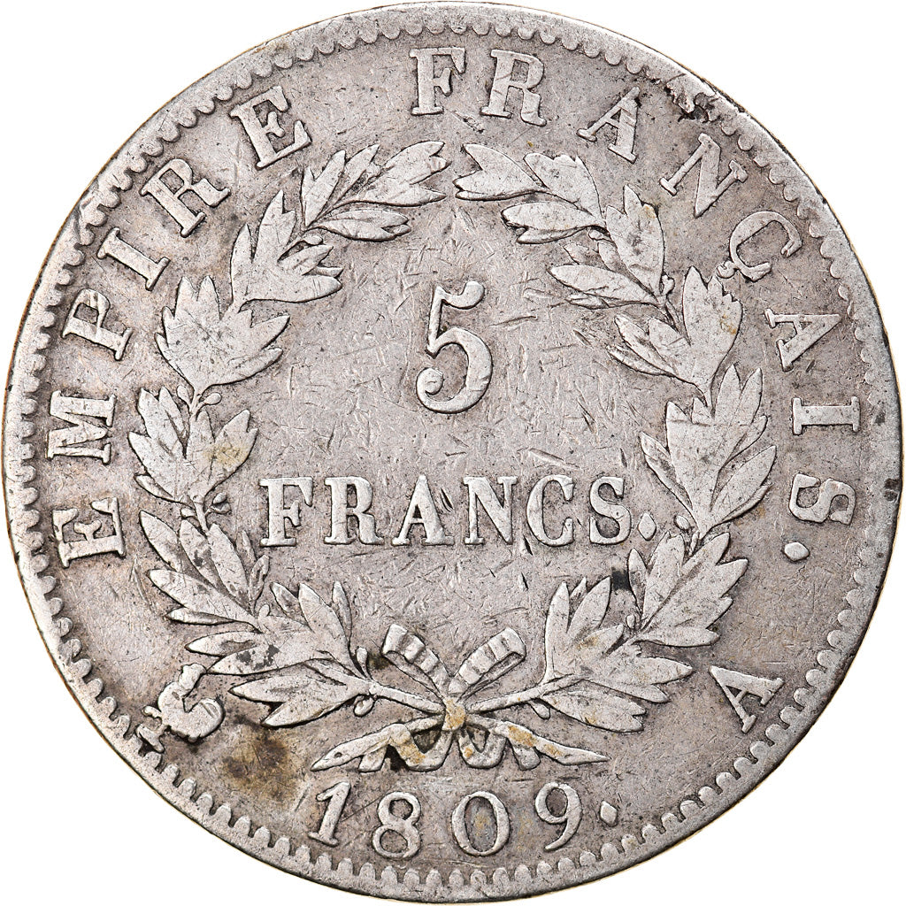 Coin, France, Napoléon I, 5 Francs, 1809, Paris, VF(20-25), Silver, KM:694.1