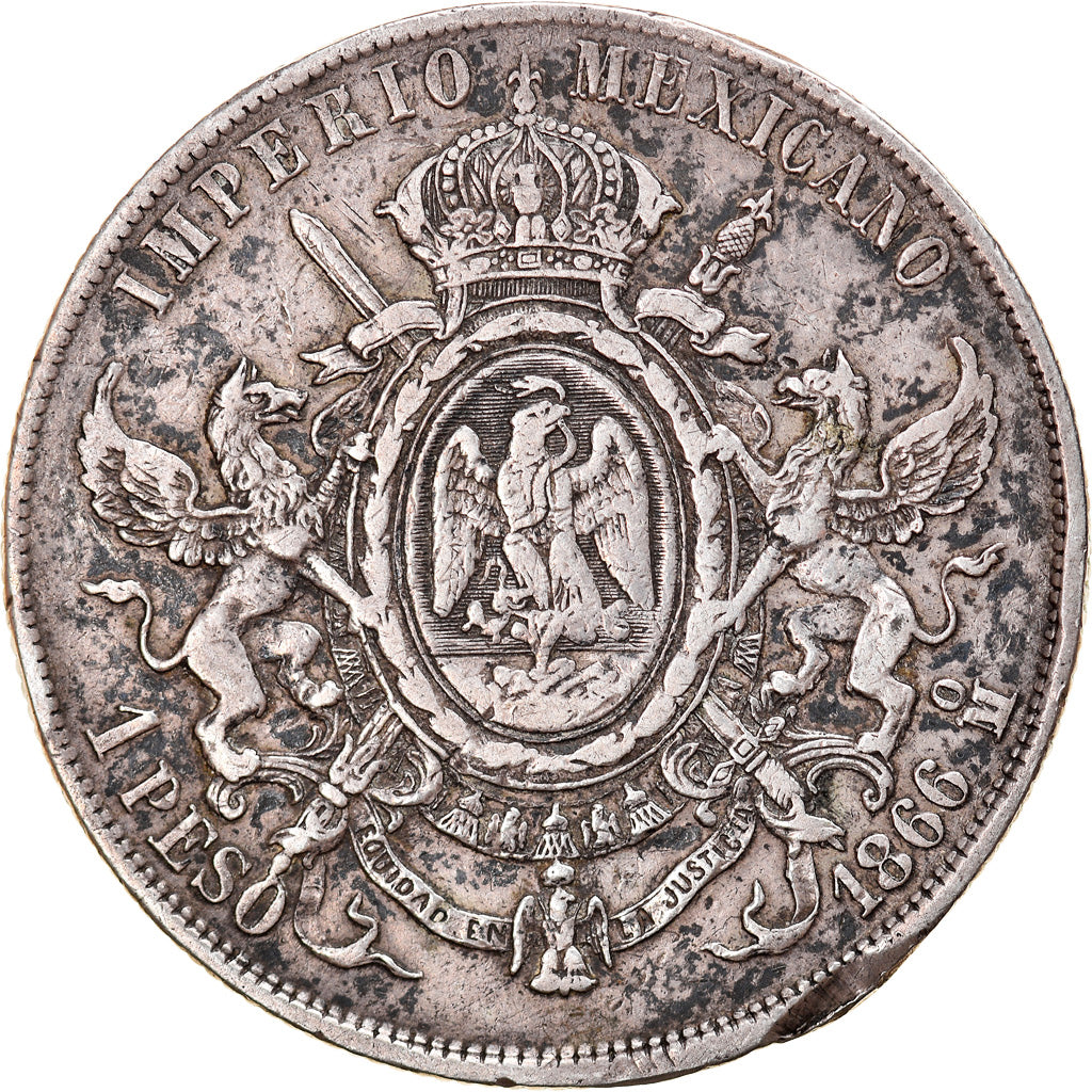 Moneta, Messico, Maximilian, Peso, 1866, Mexico City, MB, Argento, KM:388.1