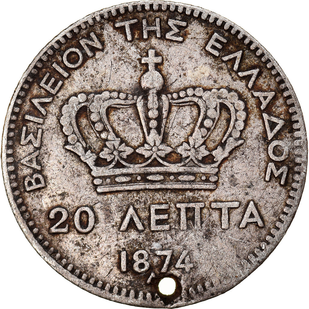 Coin, Greece, George I, 20 Lepta, 1874, Paris, VF(30-35), Silver, KM:44