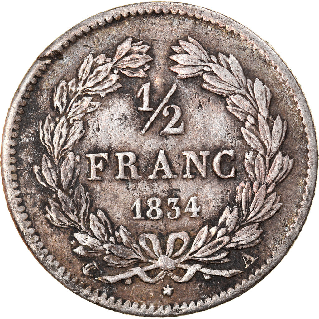 Moneta, Francia, Louis-Philippe, 1/2 Franc, 1834, Paris, MB+, Argento, KM:741.1